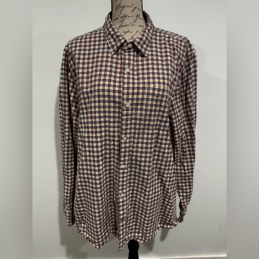 Fat Face Long Sleeve Button Down Size XXL Cream Navy Red Plaid 100% Cotton